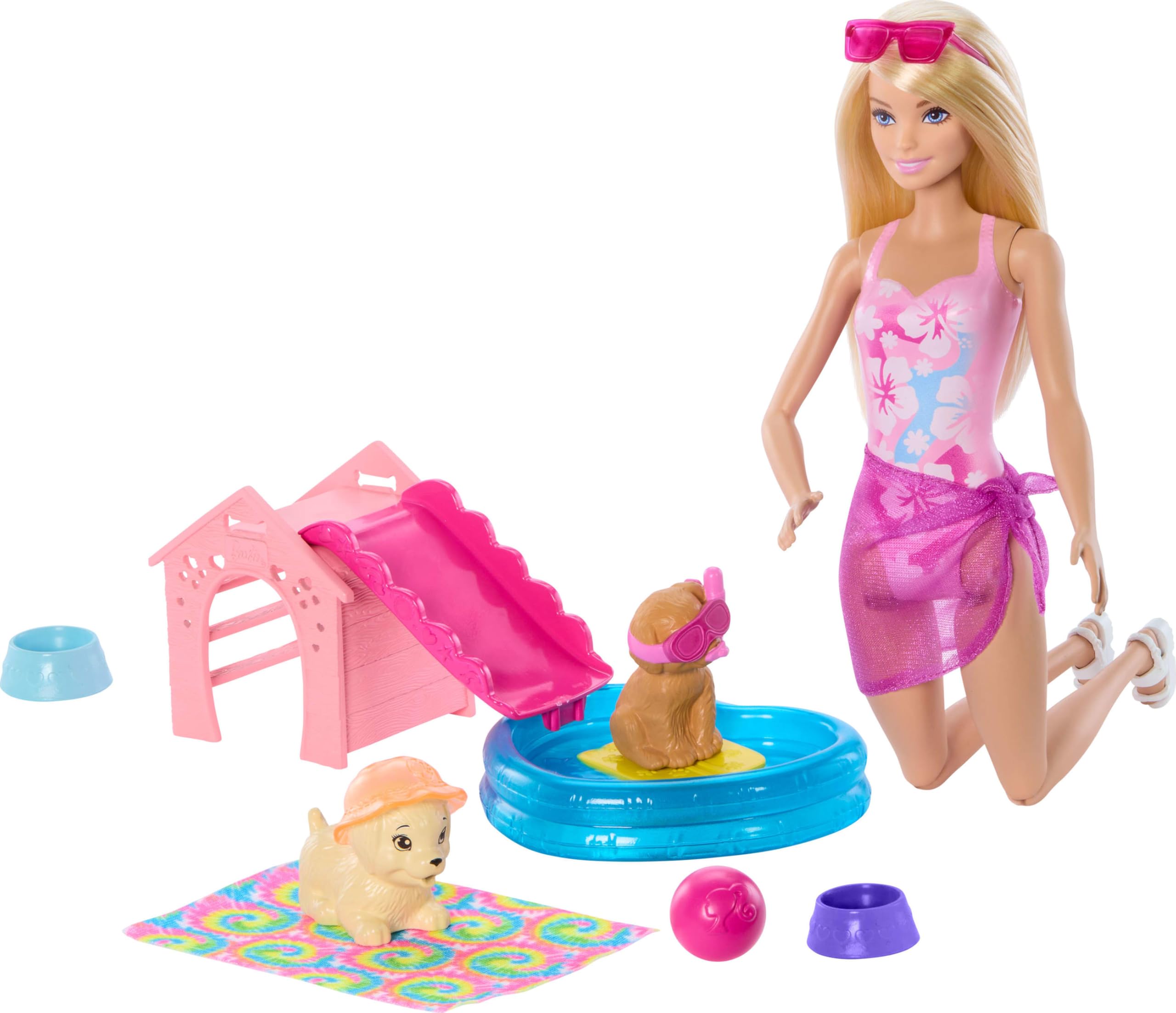 Barbie Puppy Pool Party Toy Playset with Fashion Doll, Doghouse & Slide, Heart-Shaped Pool, 2 Pet Dog Figures, 6 Accessories & Color Change, JBF35