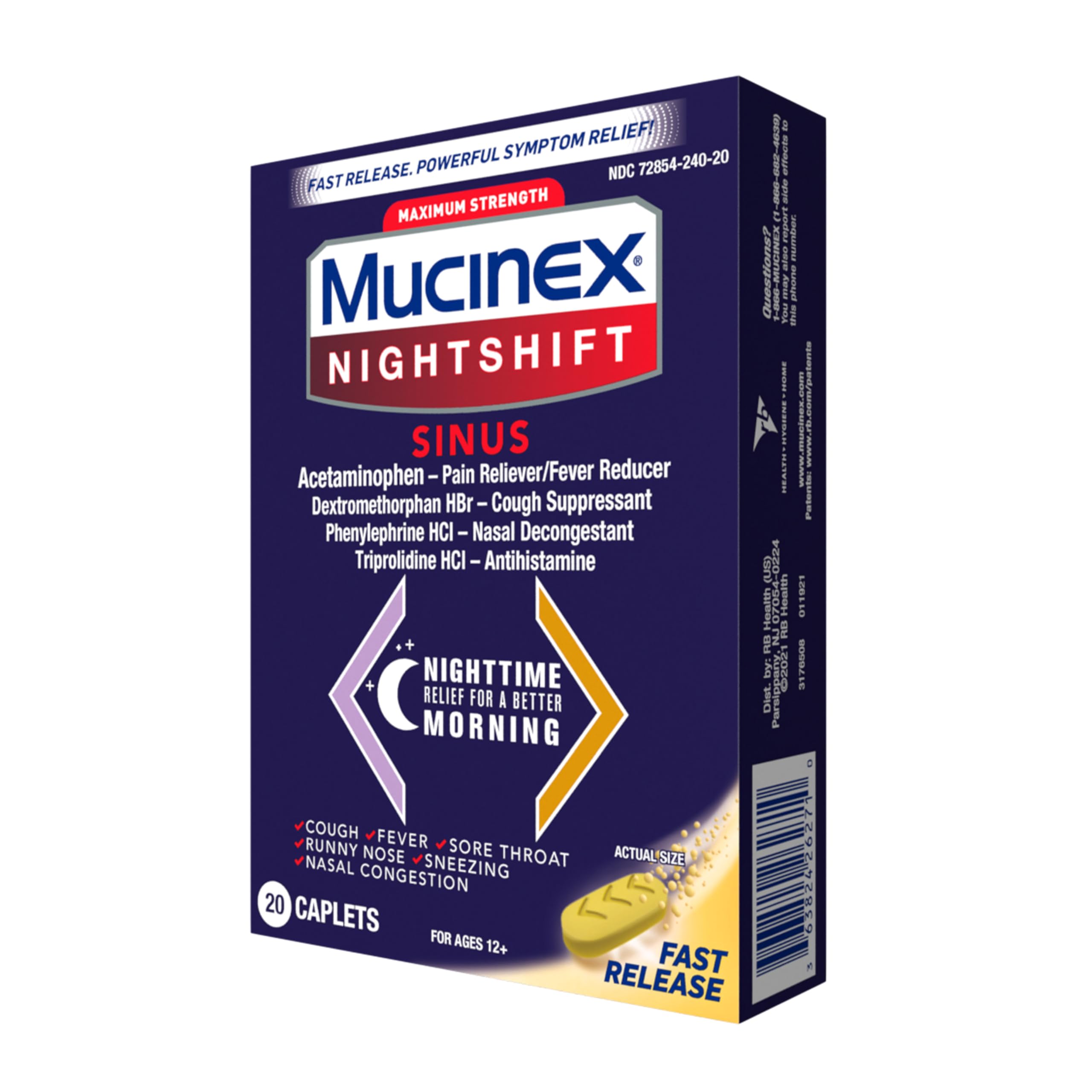Mucinex Nightshift Sinus, Maximum Strength Powerful MultiSymptom Night Relief, 20 Fast Release Caplets Pain Reliever/Fever Reducer, Cough Suppressant, Nasal Decongestant & Antihistamine