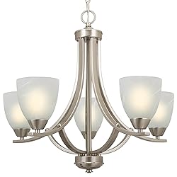 Kira Home Weston 24" Contemporary 5-Light Large Chandelier, Alabaster Glass Shade, Adjustable Wire, Brushed Nickel Finish