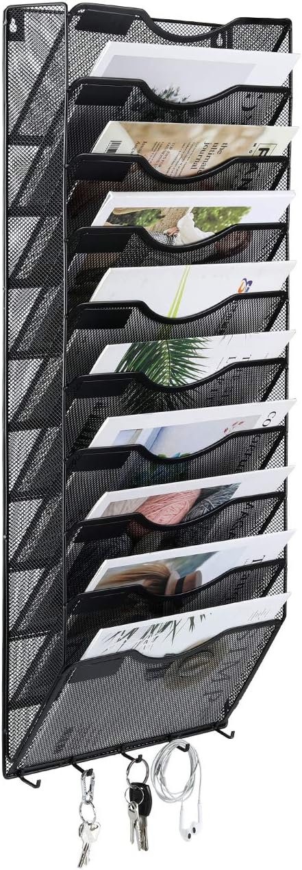 EasyPAG Mesh Metal 10 Pocket Wall File Holder Organizer Hanging Magazine Rack with 5 Key Holder Hooks,Black: Office Products