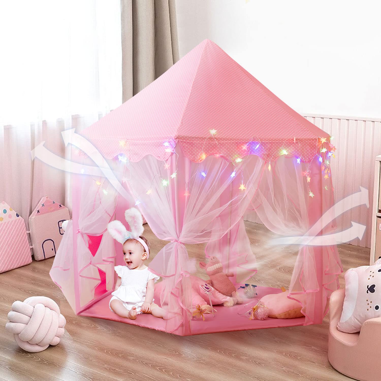 Princess Tent Girls Large Playhouse Kids Castle Play Tent with Star Lights, Bonus Princess Tiara and Wand Toy for Children Indoor & Outdoor Games, 55