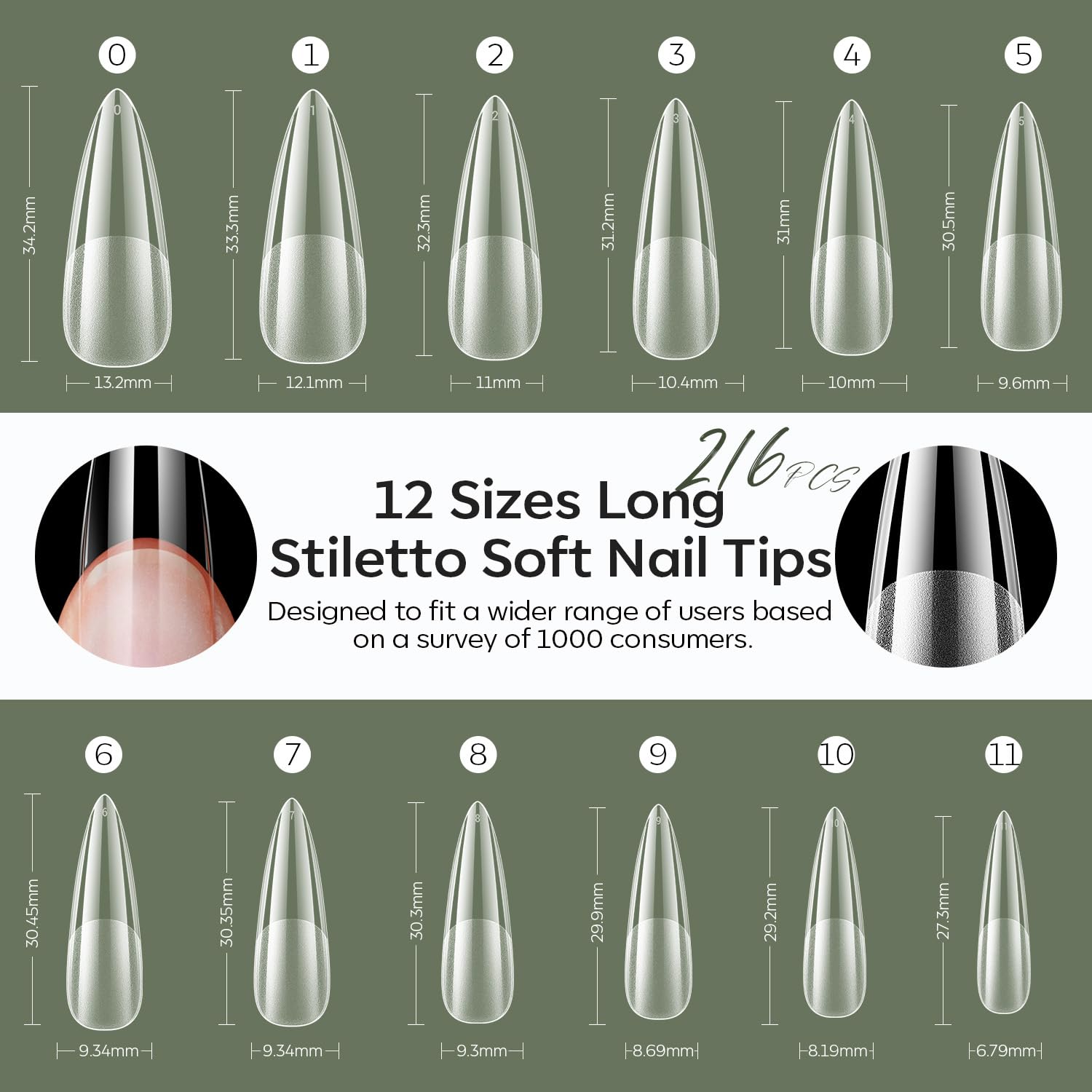 modelones Long Stiletto Nail Tips, Pre-shaped Soft Gel Tips Fake Nails False Acrylic Clear Full Cover Press on Extension Kit Gel Manicure DIY at Home 216PCS 12Sizes - Image 5