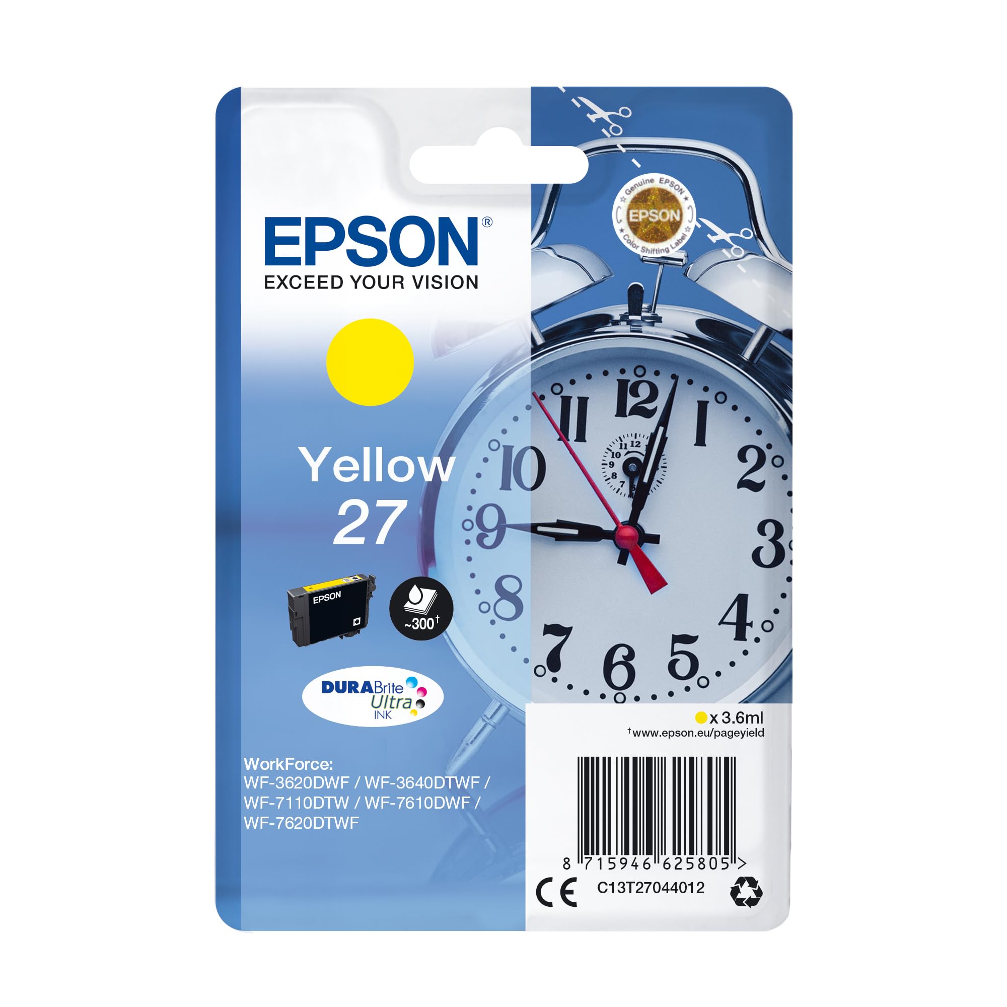 Epson 27 Yellow Alarm Clock Genuine, DuraBrite Ultra Ink Cartridge, IND Yellow