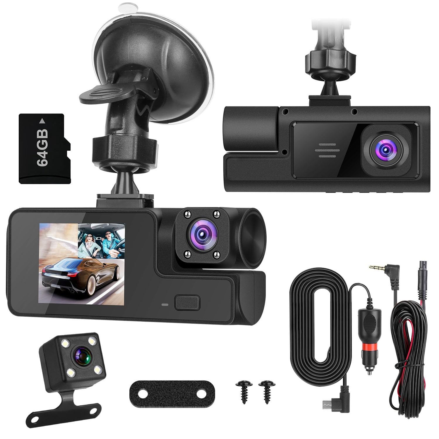 Photo 1 of iMounTEK Car Dash Cam 3 Channels WiFi FUD 1080P Front Rear Inside Dash Camera with Loop Recording Reversing Visual Night Vision WDR 170° Wide Angle with 64G Card Max for Car Parking
