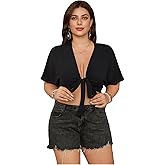 MakeMeChic Women's Plus Size Tie Front Tops Crop Puff Sleeve Deep V Neck Crop Blouse Top