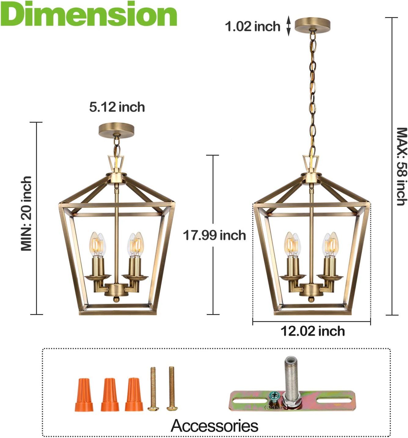4-Light Chandelier Ceiling Light Fixture, Metal Lantern Pendant Lighting for Hallway, Entryway and Dinning Room, 18" H x 12" W, Soft Gold Finish, ETL Listed - - 