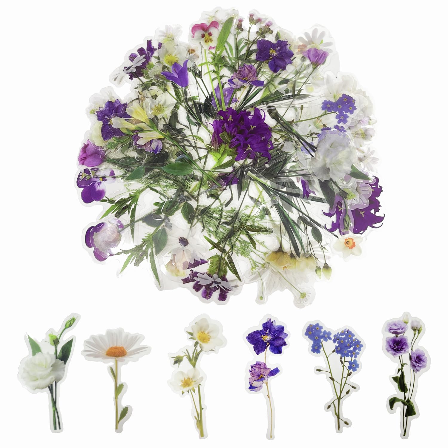 80 Pcs Flower Stickers, Transparent Scrapbook Stickers Handmade Floral Stickers Flower Stickers for Adults for Scrapbook Supplies, Card, Laptop, DIY Crafts (Violet+Sweet) โ image 1