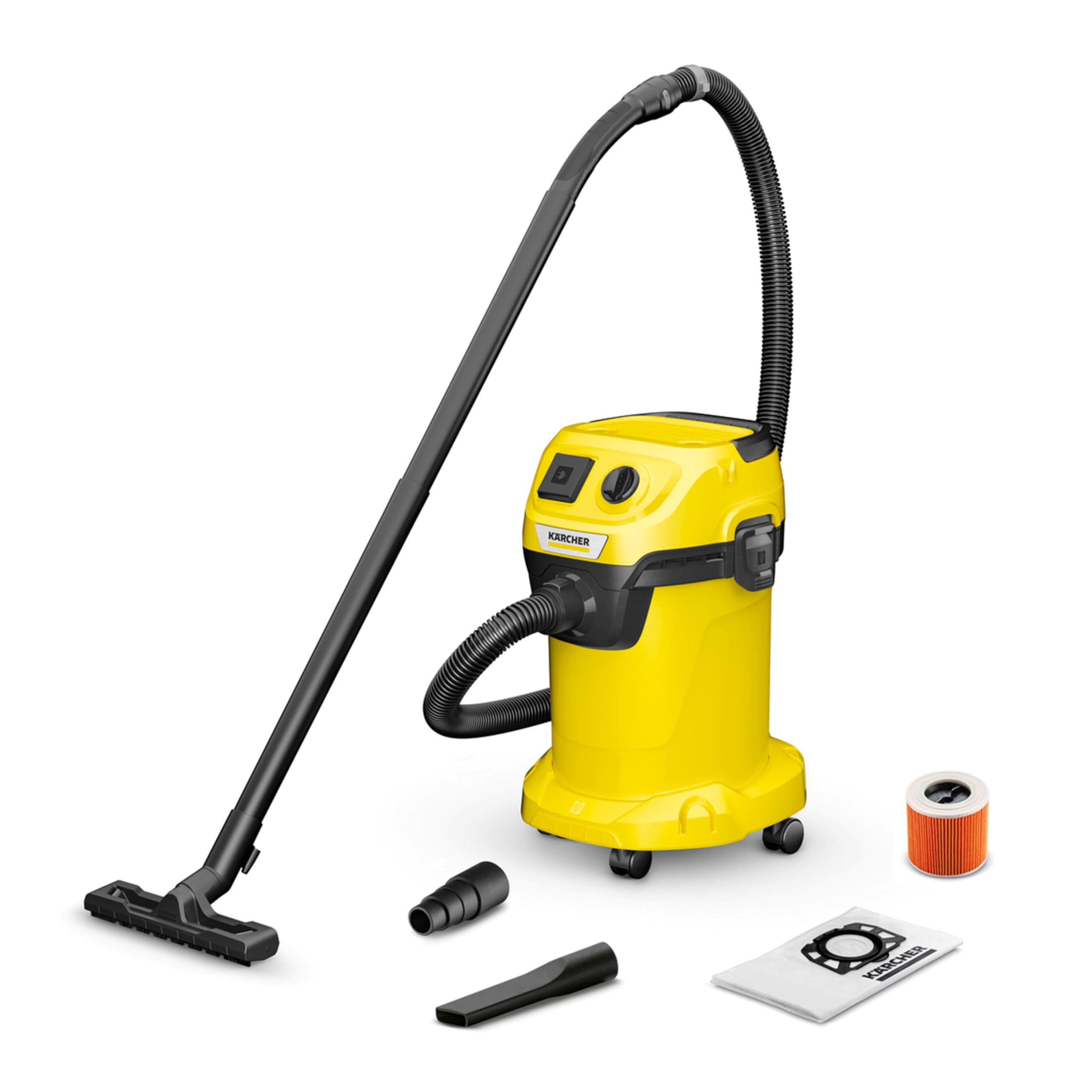 Karcher Nass-/Trockensauger WD 3 P V-19/4/20, inkl. Patronenfilter, Vliesfilterbeutel, 1.000 W, Kunststoffbehälter: 19 l, Saugschlauch: 2 m, integrierte Steckdose für Elektrowerkzeuge