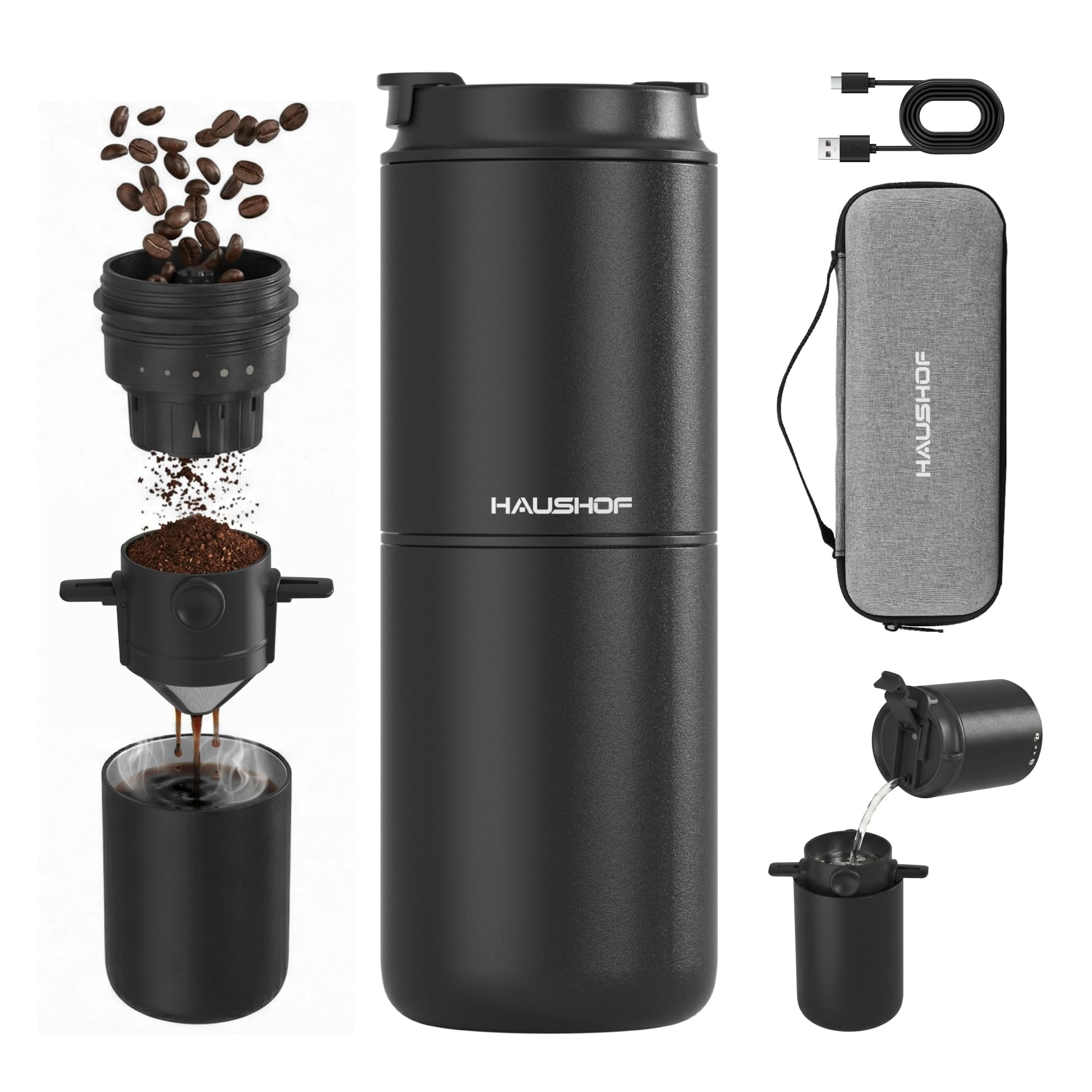 HAUSHOF Portable Electric Coffee Grinder, Travel Coffee Maker and Brewing Kit, Coffee Grinders for Home Use, Portable Pour Over Coffee Maker For Travel, Camping, Car