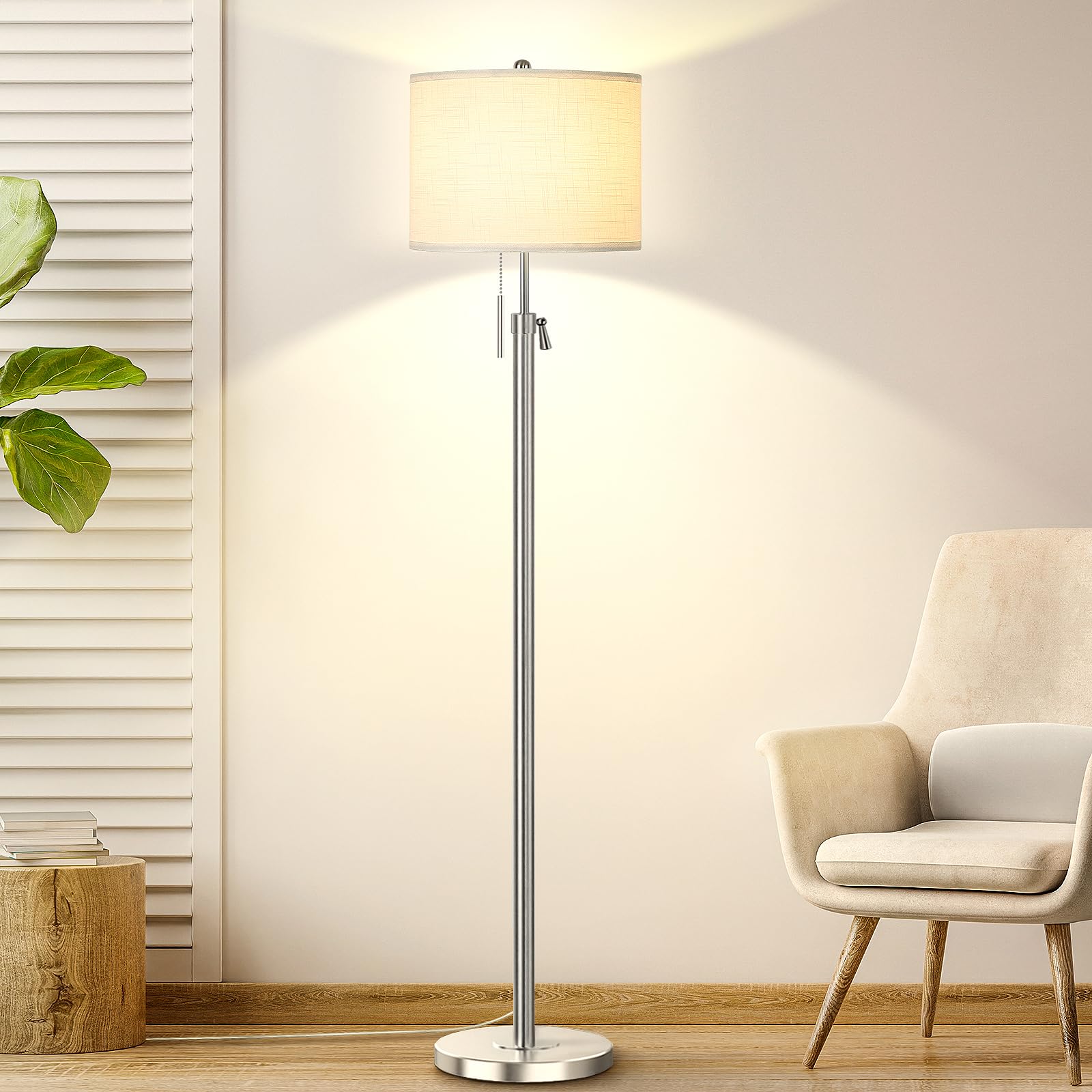 Photo 1 of  Brushed Nickel Floor Lamp for Living Room, Adjustable Height Standing Lamp with Metal Base, 3-Way Dimmable Tall Pole Light with White Linen Shade for Bedroom, Pull Chain Switch, 6W LED Bulb Included
