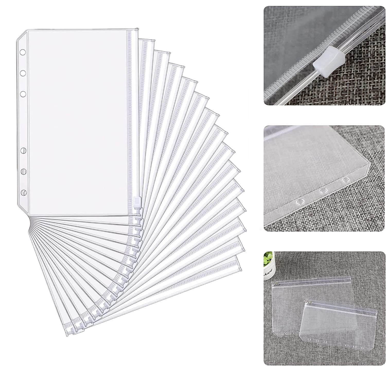 Norhogo 15 Packs A6 Size 6 Holes Binder Pockets Plastic Binder Zipper Folder Waterproof for Documents Notebooks Cards Home Office School Supplies