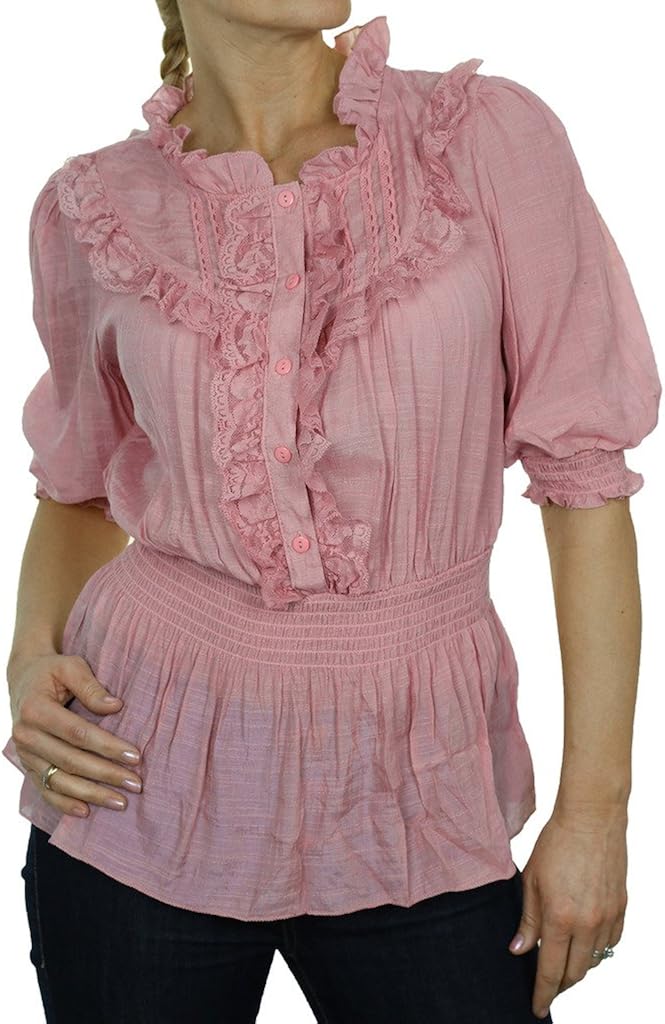 ICE (4058-3) Camisa rosada elegante textura Gloss con ¾ mangas y Chorrera de encaje (38-42): Amazon.es: Ropa y accesorios