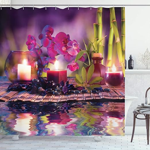 Amazon Com Ambesonne Spa Shower Curtain Violet Composition Candles Oil Orchids Bamboo On Water Natural Leaves Cloth Fabric Bathroom Decor Set With Hooks 70 Long Lime Green Home Kitchen