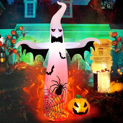 12 FT High Halloween Inflatables Outdoor Decorations, Scary Giant Ghost Pumpkin Blow Up Yard Decoration with Built-in LED Fire Flame, Halloween Inflatable Decor for Outside Garden Lawn