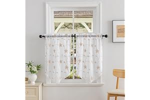 BD BEDA HOME Beda Home Tassel Embroidery Sheer Curtain Valance for Kitchen Living Room; Light Filtering Rustic Short Tier for Small Windows Bedroom Privacy Added Rod Pocket Design (Taupe 26W x 36L- 1 Pair)