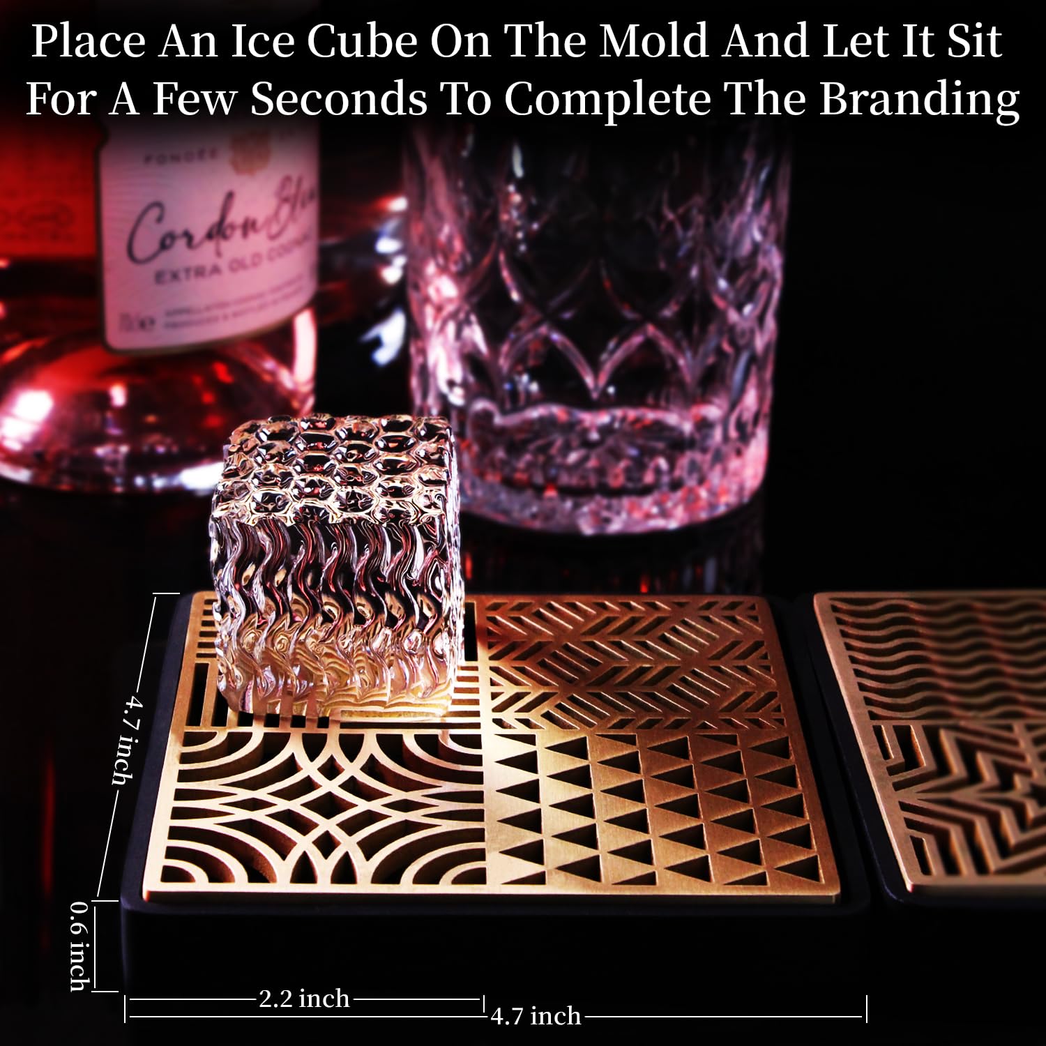 Ice Stamp Tray for Cocktails & Whiskey - Brass Ice Cube Imprinter for Clear Ice Cubes -Ice Press Craft Modern Ice Molds Stamps-A Style