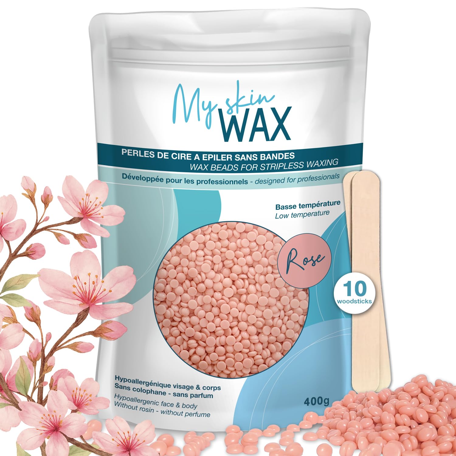 My Skin Wax - Stripless Wax Beads, 400g, Hypoallergenic, Smooth Waxing without Redness, Special for Sensitive Skin Men Women, Peelable, Face, Bikini, Brazilian (Rose)