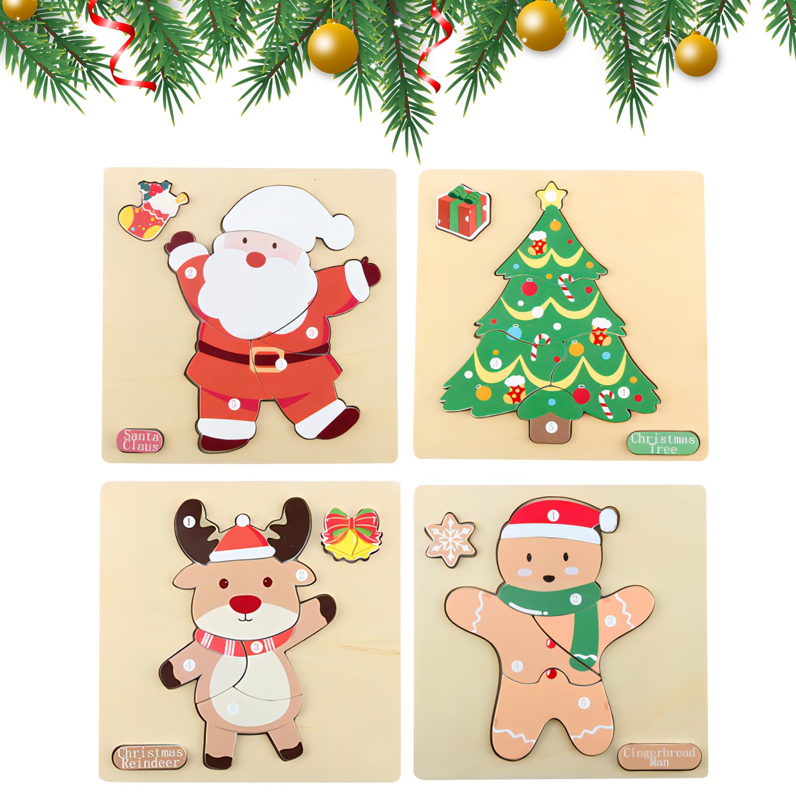 Durdiiy 4 Pcs Wooden Jigsaw Puzzle, Toddlers Puzzles, Santa Claus, Christmas Tree, Snowman, Elk Educational Learning Kids Toys for Girls & Boys Gifts, Babies Development Game