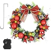TXRXIZ 16 Inchs Christmas Wreath, Pre-Lit Artificial Christmas Door Wreath with Timer & Hanger, 50LED Warm Lights, Decor with Bowknot & Red Ball Star Berries ect., for Door & Window & Fireplace