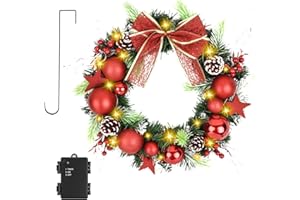 TXRXIZ 16 Inchs Christmas Wreath, Pre-Lit Artificial Christmas Door Wreath with Timer & Hanger, 50LED Warm Lights, Decor with Bowknot & Red Ball Star Berries ect., for Door & Window & Fireplace