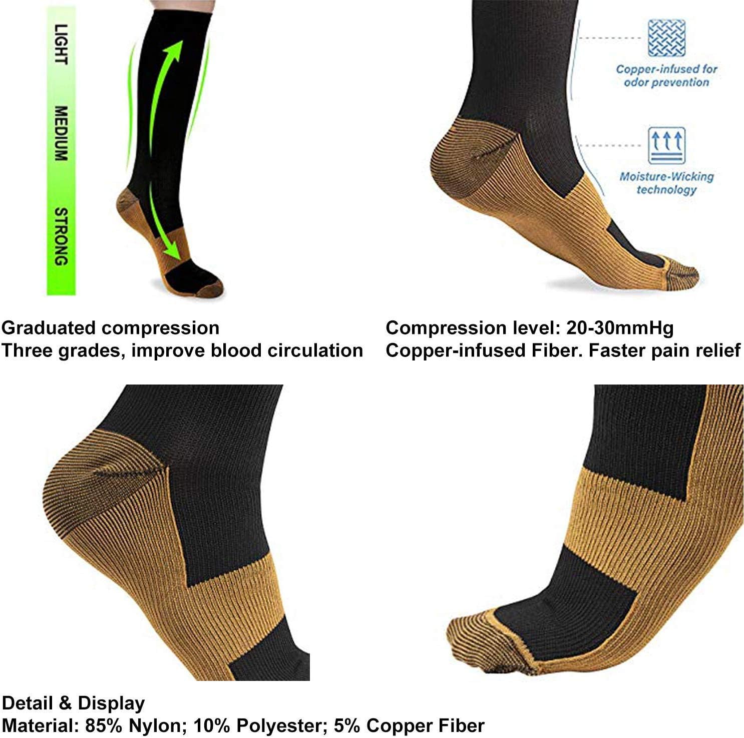 8 Pairs Copper Compression Socks for Men & Women - Best for Running,Athletic,Medical,Pregnancy and Travel -20-30mmHg（Large-X-Large）: Health & Personal Care