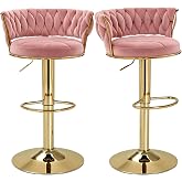 VECELO Bar Stools Set of 2, Adjustable Barstools Counter Height Stools with Back and Arm, Velvet Woven Kitchen Island Stools w/Gold Metal Leg Base, 360&deg; Swivel Bar Chair, Pink