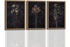 3Pcs Framed Moody Dried Flower Canvas Wall Art For Bedroom Dark Vintage Floral Framed Wall decor Rustic Aesthetic Botanical A