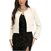 M.Infisavo Tweed Blazer Jackets for Womens with Pockets, Cropped Long Sleeve Open Front Collarless Elegant Casual Cardigan