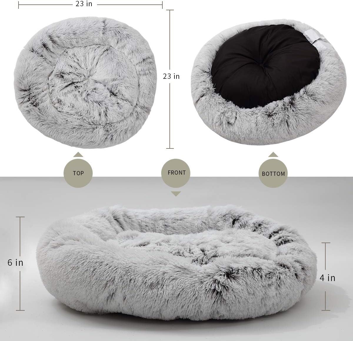 Richgra Faux Fur Ped Beds for Dog and Cat, Donut Pet Beds, Cuddler Round Bed Improved Sleep, Cozy Cat Cushion Bed, Self Warming Indoor Round Dog Bed (23”x 23”, Grey) : Pet Supplies
