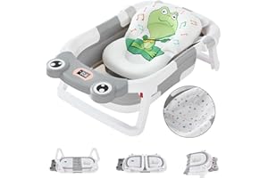 TUYEDOQE Foldable Baby Bathtub for Newborn to Toddlers, Foldable Bath Tub with Thermometer & Soft Cushion & Bath Net, Durable Portable Travel Bathtub with Drain Hole for Infants (Grey Baby Bathtub)