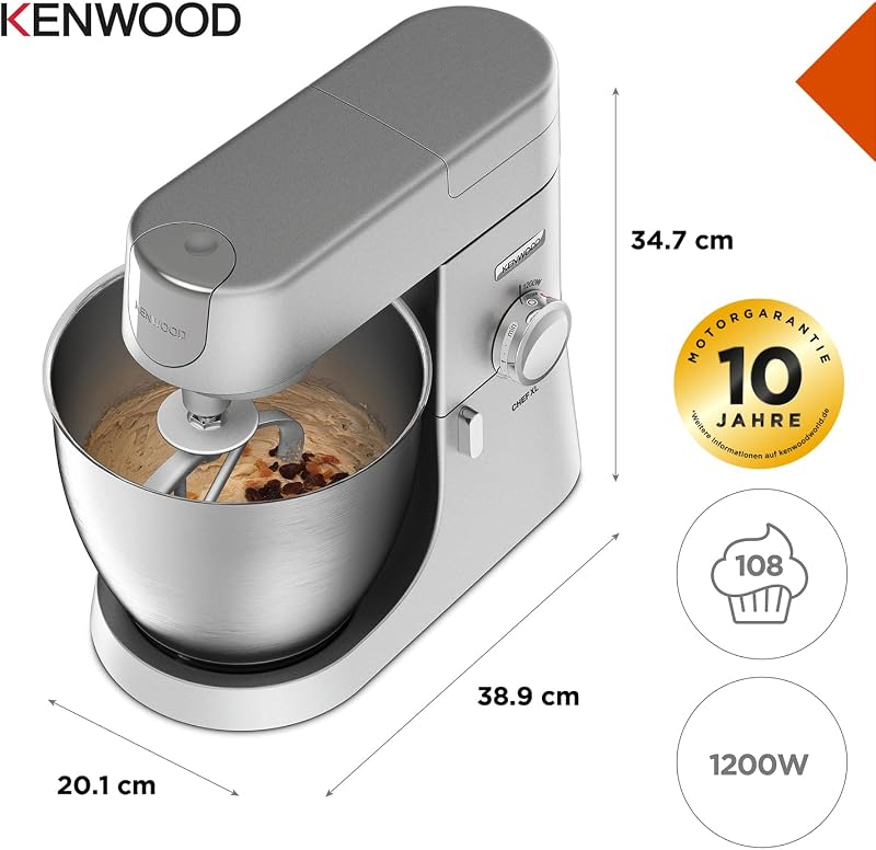 Chef XL KVL4100S – Küchenmaschine mit großer 6,7 l Edelstahl-Rührschüssel, multifunktionaler Küchenhelfer, 1200 W, inkl. 3-teiligem Patisserie-Set, silber