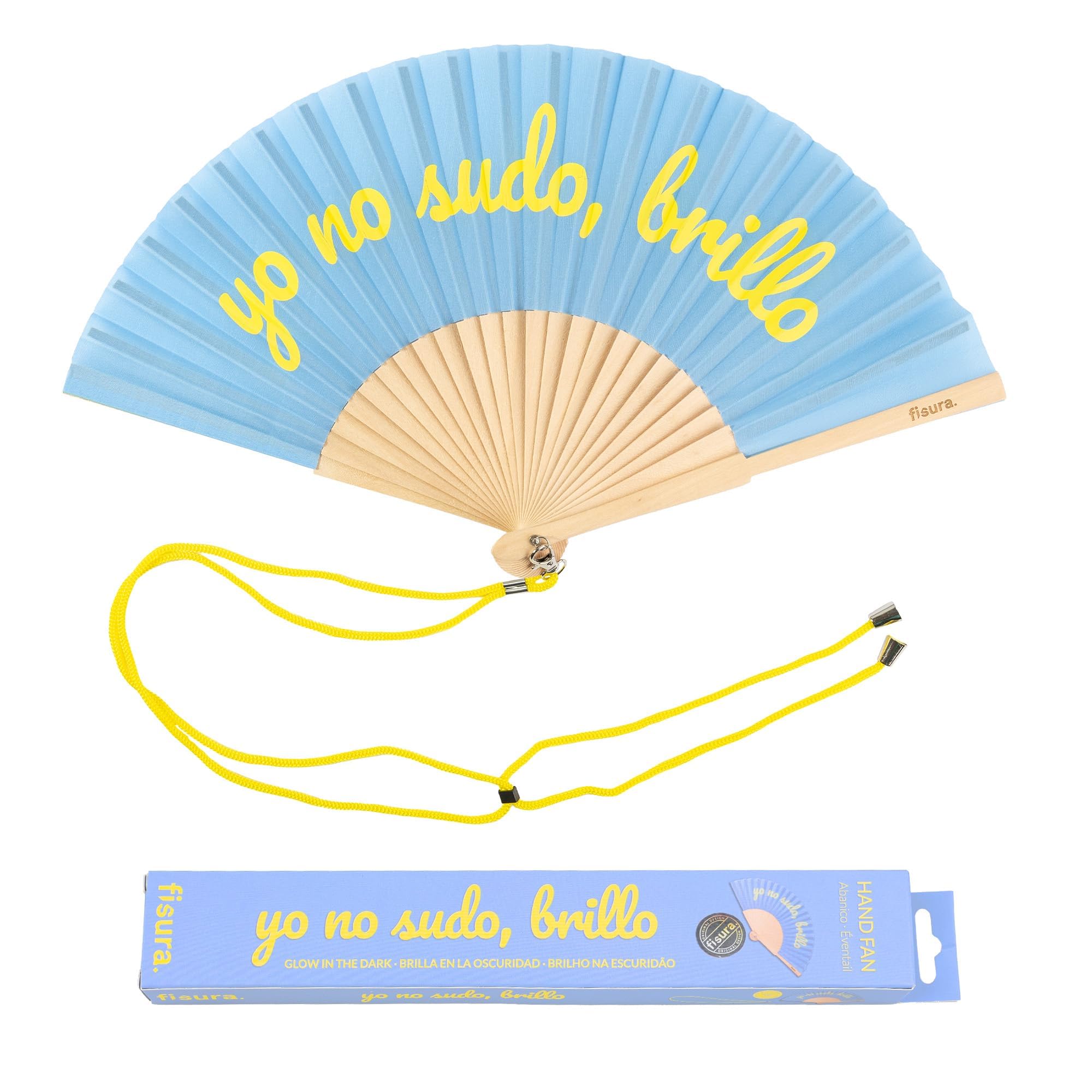 Fisura - Original handheld folding fan with the message in Spanish. Wooden fan. Original holding Hand Fans. Fan with hanger included (Brillo, blue)