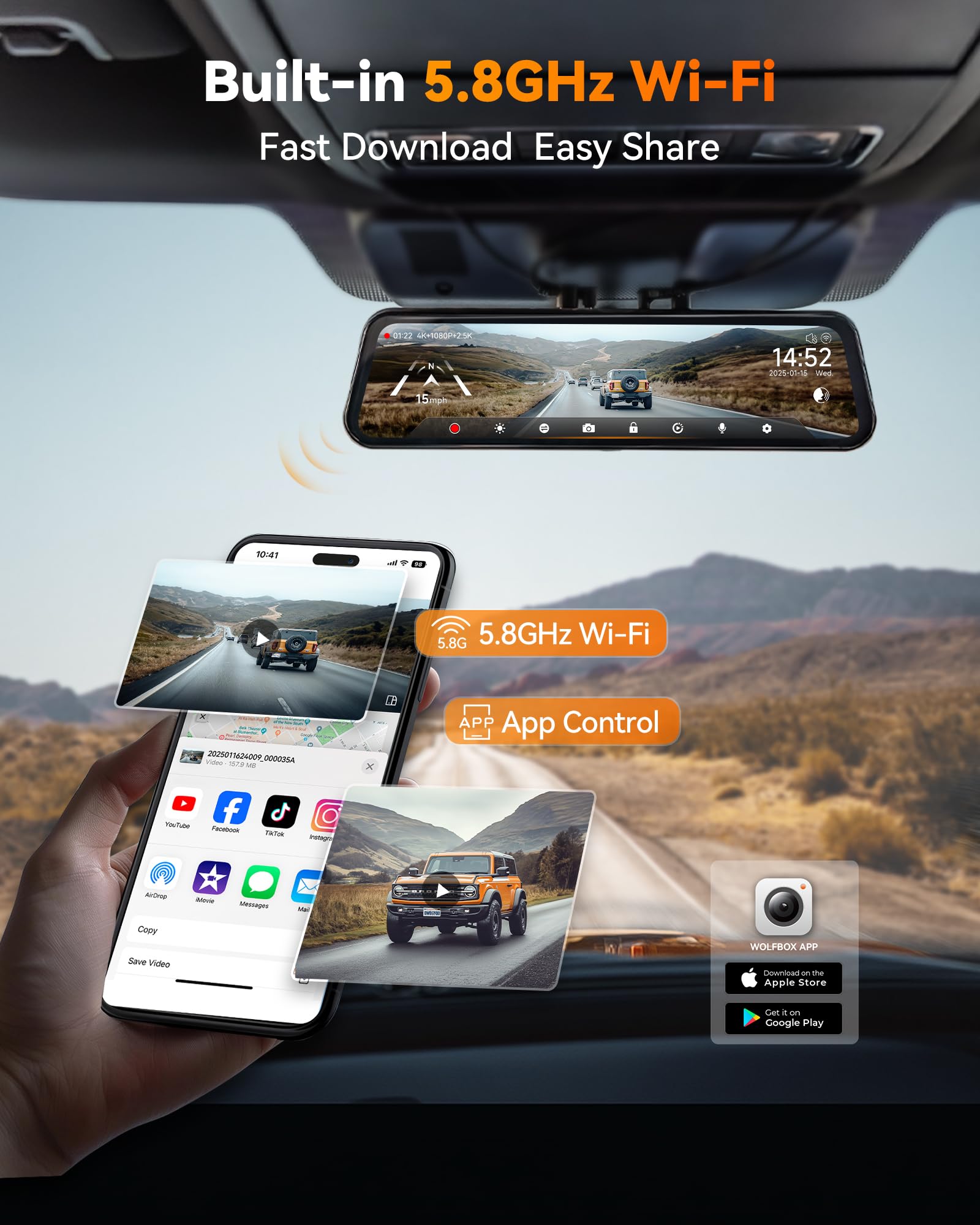 WOLFBOX G900 Tripro Bumper Version 3 Channel 4K Mirror Dash Cam, 8MP STARVIS 2 IMX678 Night Vision, 4K+2.5K+1080P Front and Rear Bumper Dash Cam, 5.8GHz WiFi, Voice Control, Includes 256GB Card & GPS