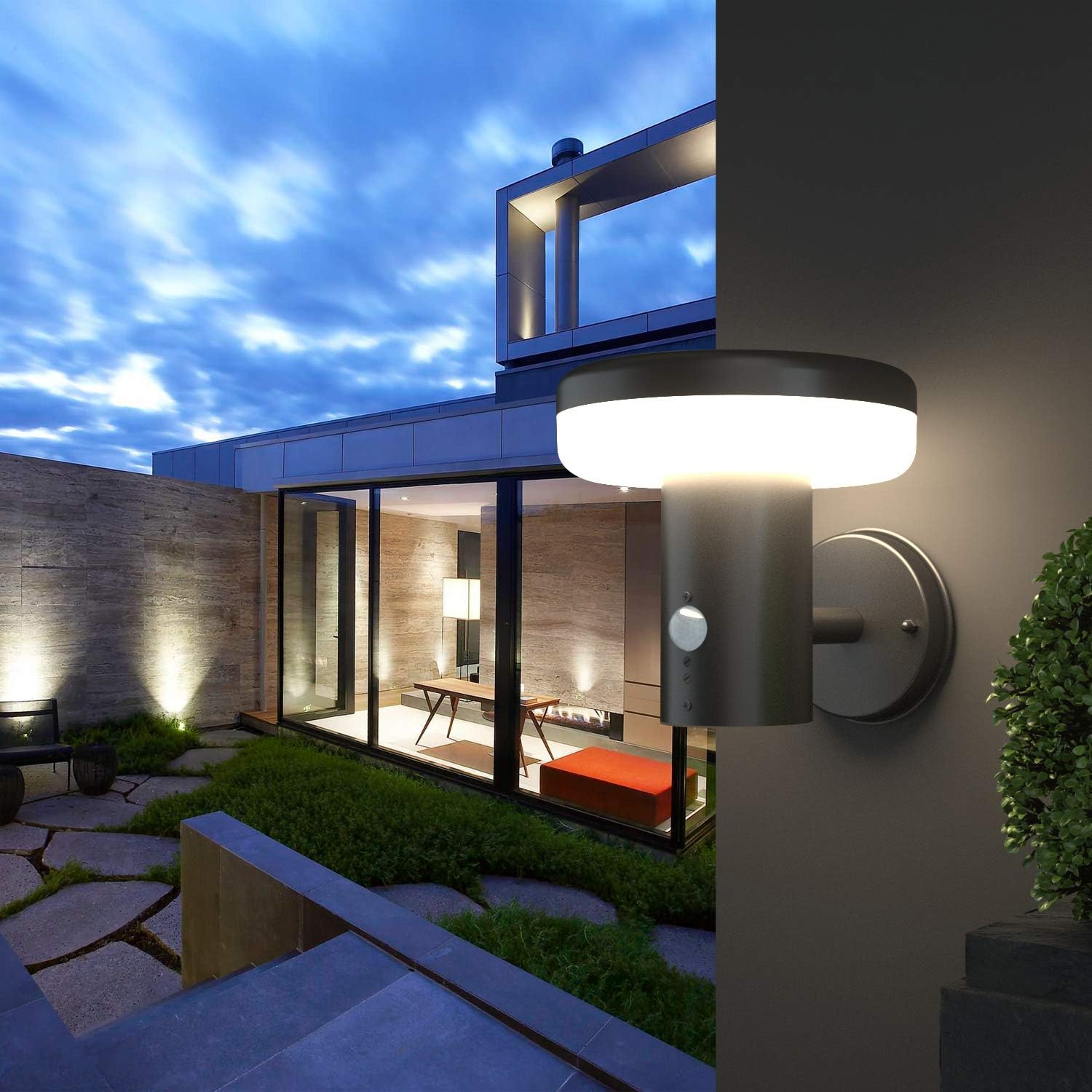 NBHANYUAN Lighting LED Outdoor Wall Light Fixtures with Motion Sensor Outside Lights Stainless Steel Black Finish Weatherproof 3000K Warm Light Front Door Porch Light 110V 1000LM (A+) - - 