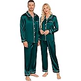 SWOMOG Couples Pajamas Sets Silk Satin Long Sleeve Sleepwear Button Down Loungewear Pjs Set Classic Pajama S-XXL