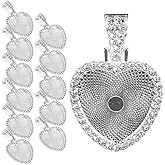 SEWACC Rhinestone Bezel Pendant Trays Set 12 Sets Heart Shaped Pendant Trays Bezels with Glass Cabochons for Photo Sublimation Craft Jewelry Making