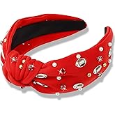 CIEHER Football Headband for Women - Crystal Pearl Knotted Wide Headband - Game Day Sports Hair Accessories - Red