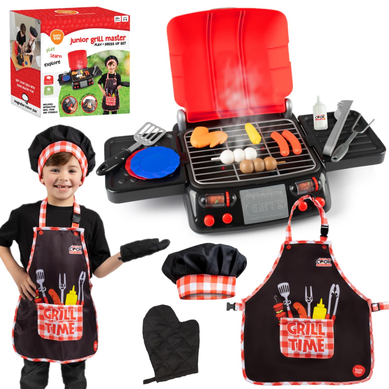 Born Toys Kids Grill Playset, Pretend Play BBQ Toys Kitchen and Baking Set, Interactive Chef Dress Up