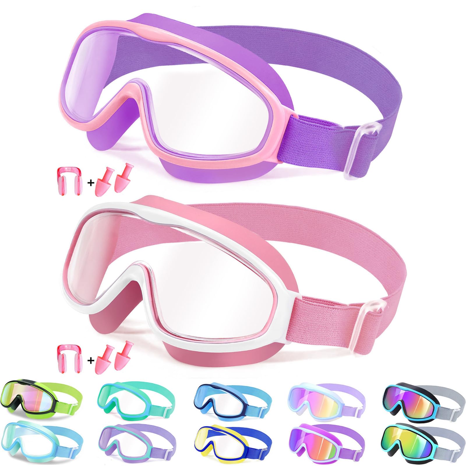 Vvinca Kids Goggles with Comfort Fabric Strap, Kids Swim Goggles Wide View Anti-Fog/UV No Leaking Swimming Goggles for 3-14