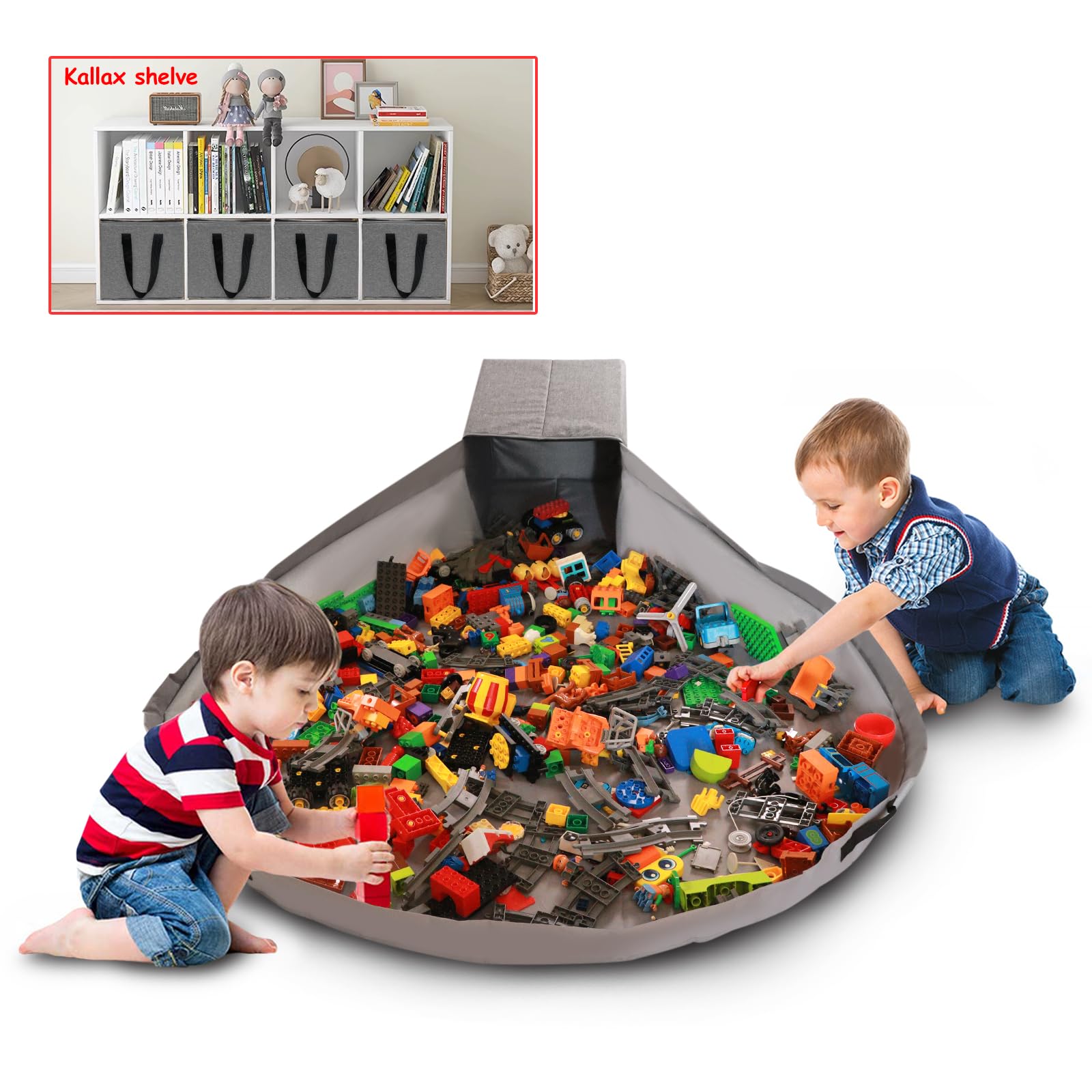 SUMBABO Toy Storage Organizer for Lego Play Mat Bag - Duplo Toy Storage Bin for Kids - Hard Cube Storage Basket with Lid can as Gift (Grey)