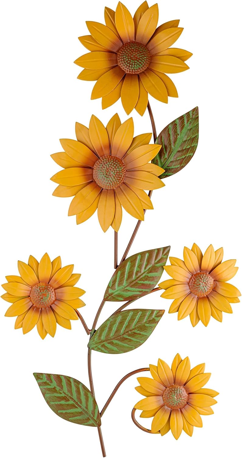 Plaques & Wall Art - BEE ON BLOOM Metal sunflower wall decor 25 Inches for indoors and outdoors | Perfect sunflower decor for porch, patio, kitchen | Rustic yellow individually hand painted petals