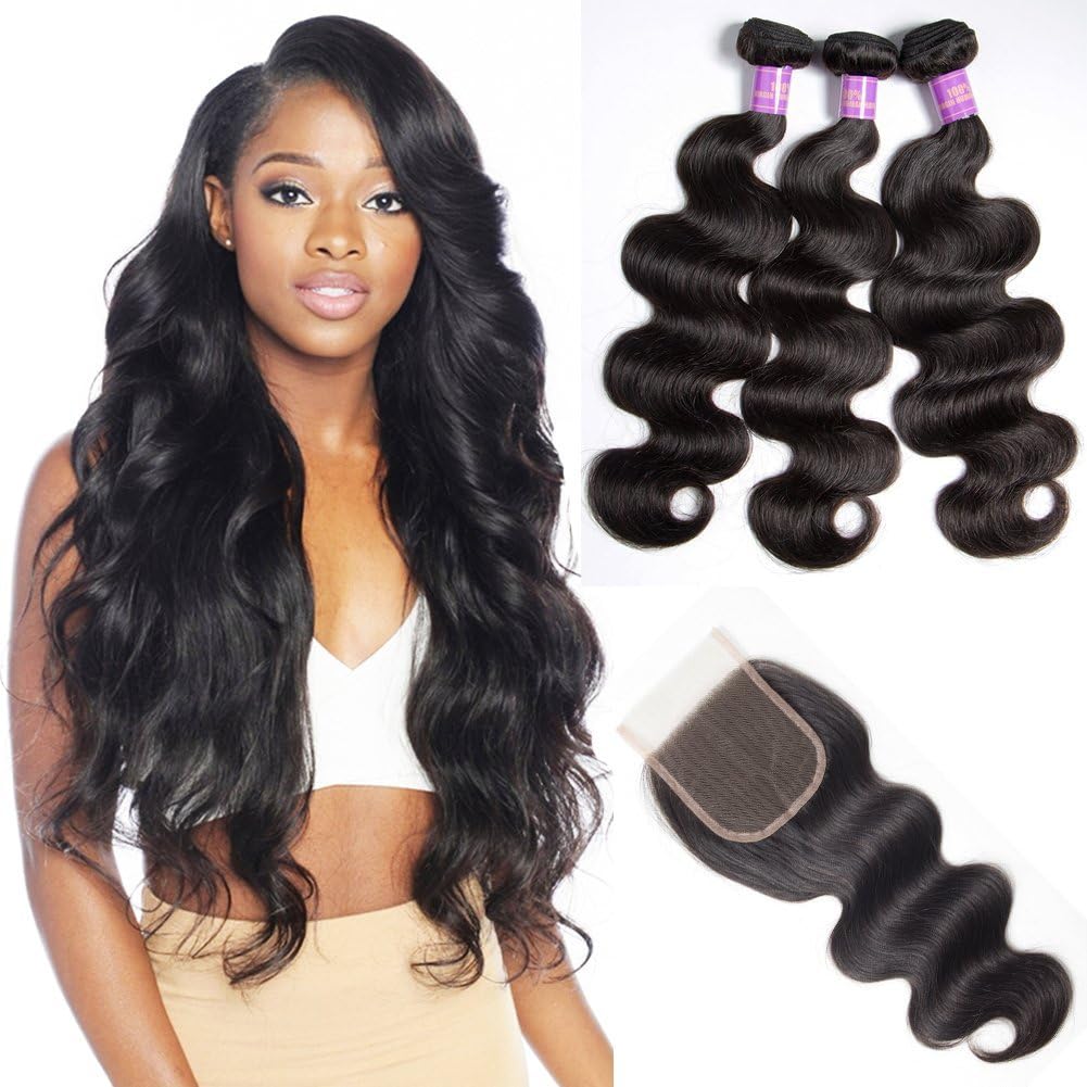 Star Show 9A Brazilian Hair Body Wave Bundles with Closure Grade 8a 100% Unprocessed Human Hair with Closure 16 18 20 with 14 Inch Free Part Closure Natural Color