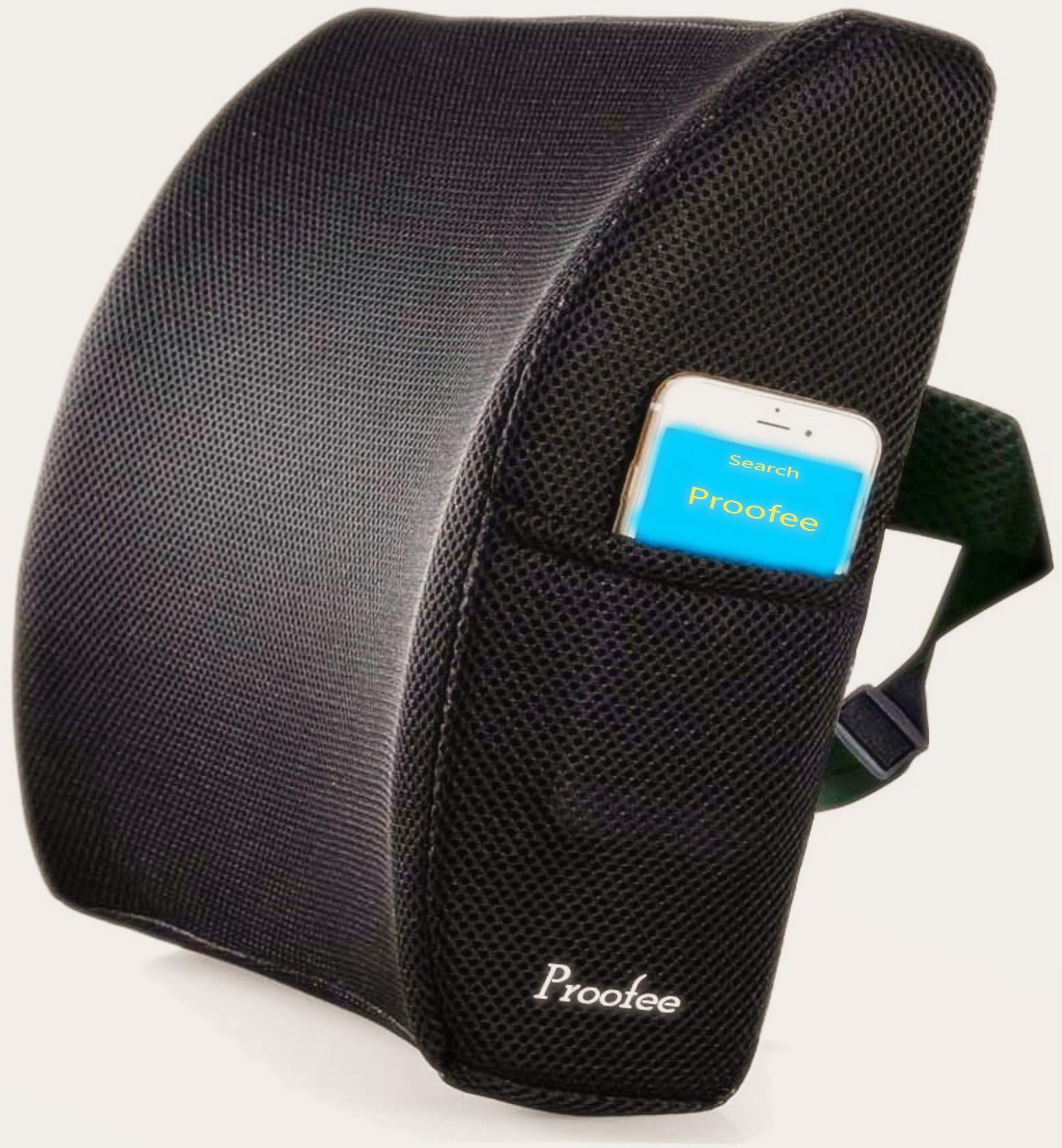 Proofee - Memory Foam Cushion For Lumbar Support - Soothes Back Pain - Improve Your Posture with our Soft & Firm Balanced Orthopaedic Pillow - Washable Mesh Cover, Buckle Strap & Phone Pocket – Black