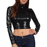 Dames metallic glanzende crop top met lange mouwen dames mode glanzend effen kleur Mock Neck T-Shirt Club Rave Bar kostuum, zilver, S