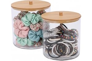 Dewsea Hair Tie Organizer 2 Pack Scrunchie Holder Clear Acrylic Hair Accessories Storage Jar with Wooden Lid for Hair Bands, 