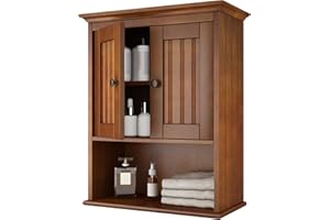 Treocho Wood Wall Cabinet, Bathroom Medicine Cabinet Storage with Doors and Adjustable Shelf, Rustic Cabinet Wall Mounted for Bathroom, Livingroom, Kitchen, Cupboard, Reddish Brown