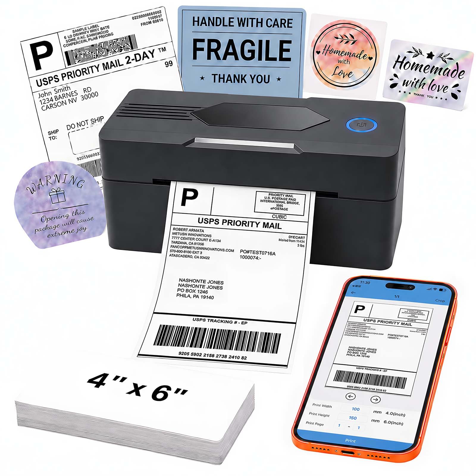 PKMHLXS Bluetooth Thermal Shipping Label Printer, 4x6, Black | Wireless Thermal Label Printer for Small Business, Compatible