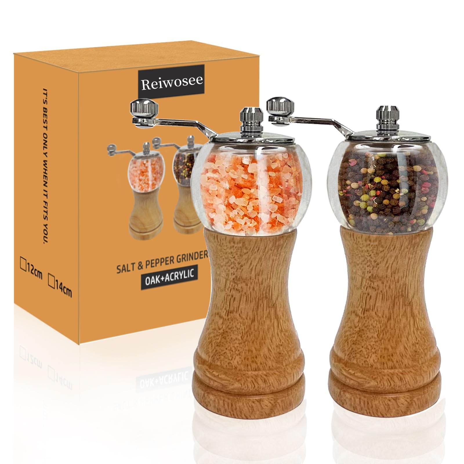 Salt and Pepper Grinder Set, 2pcs-6in Classic Hand Shake Pepper Mill or Salt Grinder, Healthy EP Materials Acrylic and Wood, Ceramic Blades Adjustable Coarse Mill.