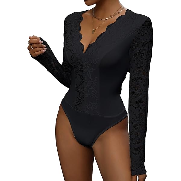 Everbellus Sexy Lace Body Suits for Women Long Sleeve Deep V