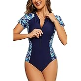 SHEKINI Women's Short Sleeve Rash Guard Swim Shirts UV Protection Zipper Surfing One Piece Swimsuit UPF 50